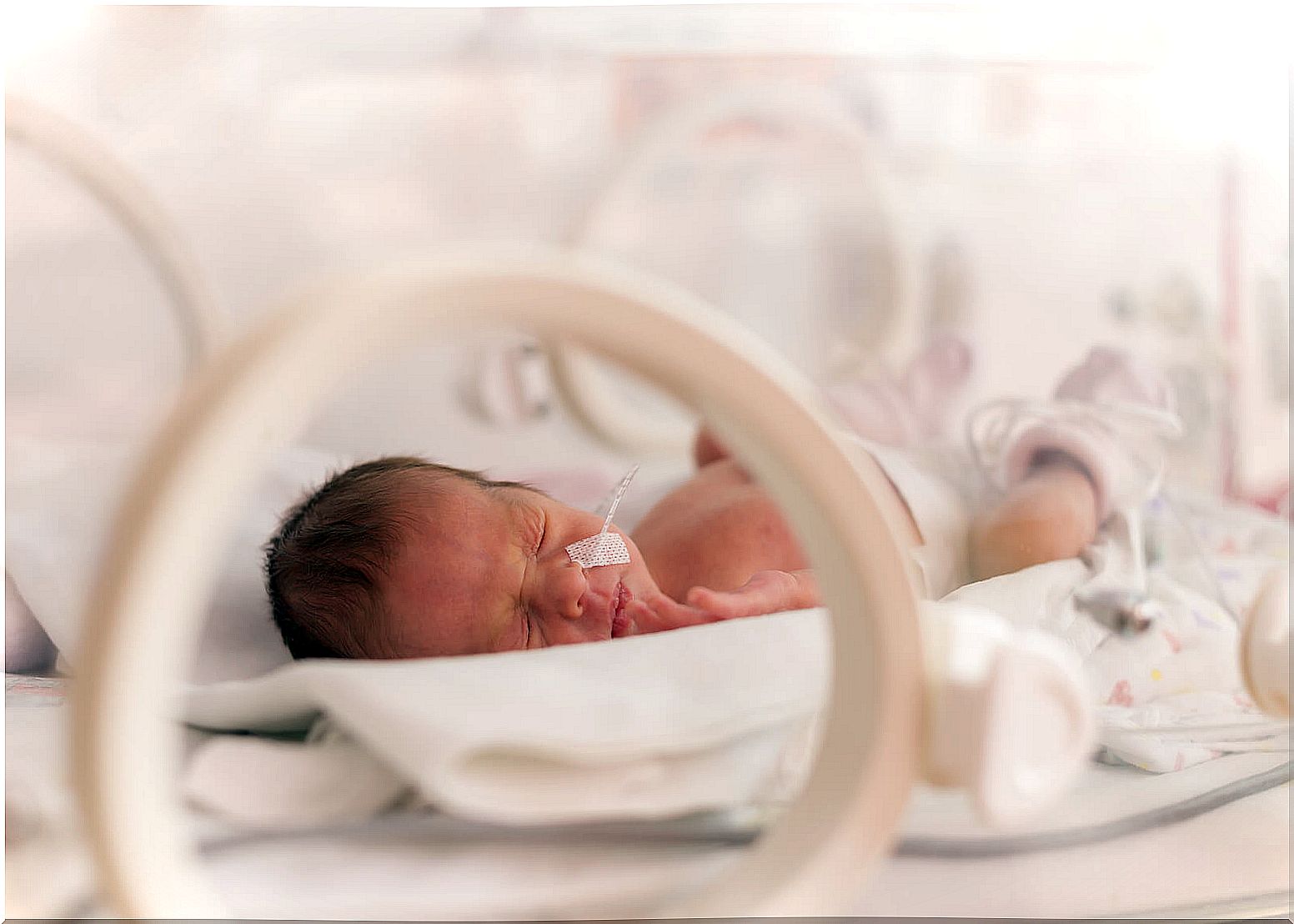 baby in an incubator.